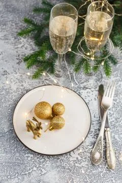 Festive place setting for christmas dinner. Top view. Copy space. Stock Photos