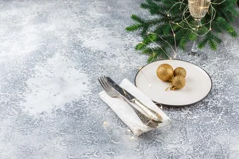 Festive place setting for christmas dinner. Top view. Copy space. Stock Photos