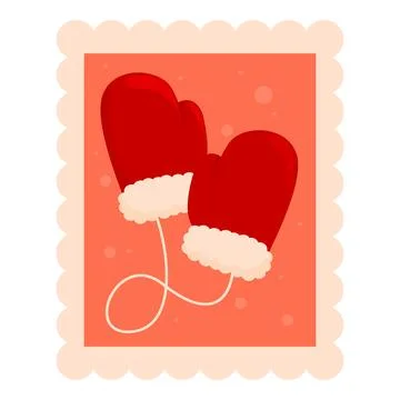 Festive postage stamp featuring a pair of red mittens for christmas greetings Ilustração Stock