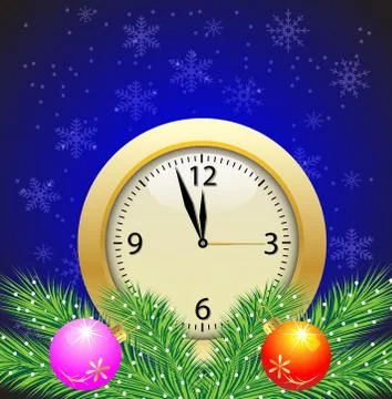 Festive postal with a clock and green branches with toys Stock Illustration