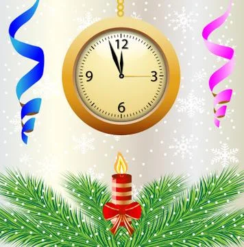 Festive postal with a clock, candle and green branches Stock Illustration