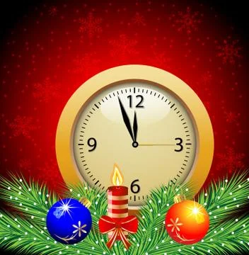 Festive postal with a clock, candle and green branches with toys Stock Illustration