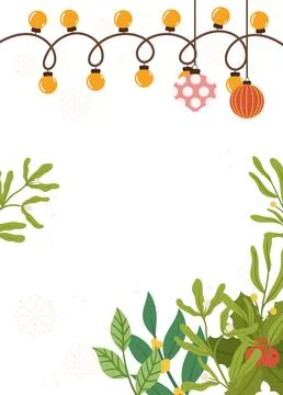 Festive Poster template featuring hanging ornaments, yellow string lights, .. Stock Illustration
