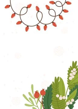 Festive Poster template featuring red string lights, greenery, berries, and.. Stock Illustration