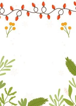 Festive Poster template featuring red string lights, greenery, yellow berri.. Stock Illustration