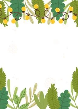 Festive Poster template featuring yellow string lights, greenery, and snowf.. Stock Illustration