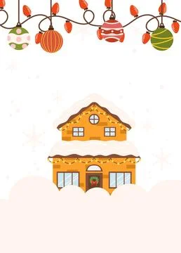Festive Poster template Frame featuring a snow-covered house decorated with.. Stock Illustration