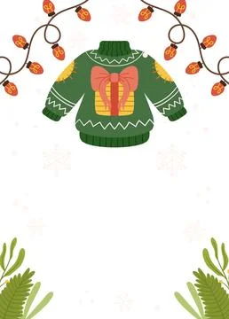 Festive Poster template frame featuring a green Christmas sweater with a bo.. Stock Illustration