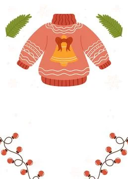 Festive Poster template frame featuring a red Christmas sweater with a bell.. Stock Illustration
