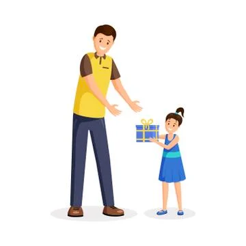 Festive present sharing flat vector illustration. Happy young dad and little Stock Illustration