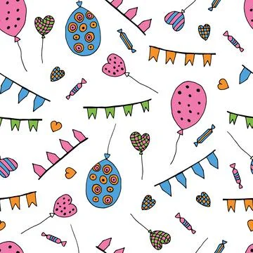 Festive print. Seamless holiday pattern with balloons. Candies and hearts on a Stock Illustration