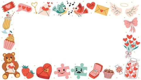 Festive rectangle frame filled with Happy Valentines Day icons such as song.. Stock Illustration