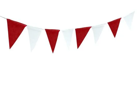 Festive red and white triangular pennant bunting garland isolated on a plai.. Stock Photos