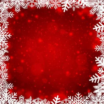 Festive red bokeh background with a frame of white snowflakes Stock Illustration