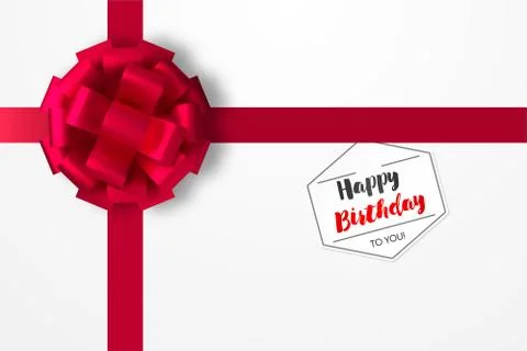Festive red bow on the box with a gift. a tag with a wish for a happy birthday Stock Illustration