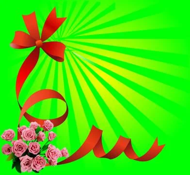 Festive red bow on green background with roses. Vector. Stock Illustration