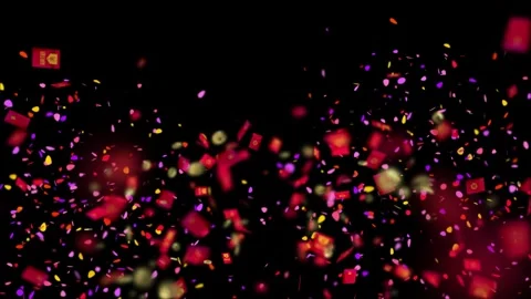 Festive red envelopes and colorful confetti floating against dark background Stock Footage 345334973
