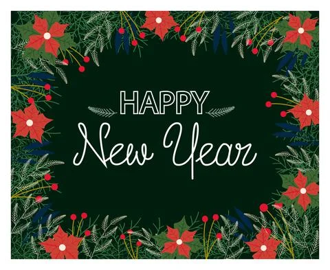 Festive red flowers and branches with congratulations on a green background. Stock Illustration