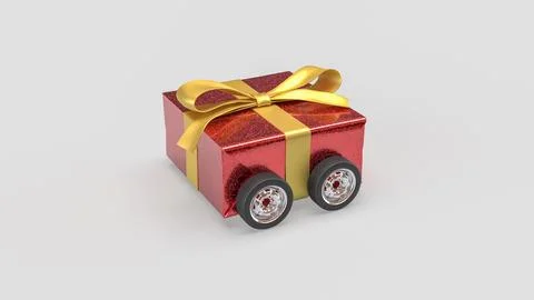 Festive Red Gift Box Car with Gold Ribbon on White Background 3d render. Stock Illustration