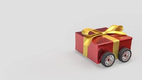 Festive Red Gift Box Car with Gold Ribbon on White Background 3d render. Stock Illustration
