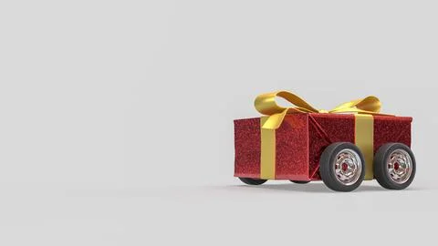Festive Red Gift Box Car with Gold Ribbon on White Background 3d render. Stock Illustration