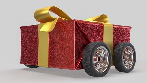 Festive Red Gift Box Car with Gold Ribbon on White Background 3d render. Stock Illustration