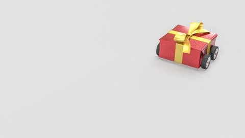 Festive Red Gift Box Car with Gold Ribbon on White Background 3d render. Stock Illustration