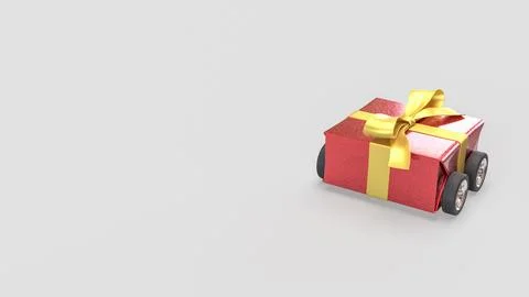 Festive Red Gift Box Car with Gold Ribbon on White Background 3d render. Stock Illustration