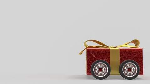 Festive Red Gift Box Car with Gold Ribbon on White Background 3d render. Stock Illustration