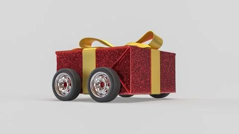 Festive Red Gift Box Car with Gold Ribbon on White Background 3d render. Stock Illustration