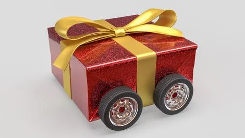 Festive Red Gift Box Car with Gold Ribbon on White Background 3d render. Stock Illustration