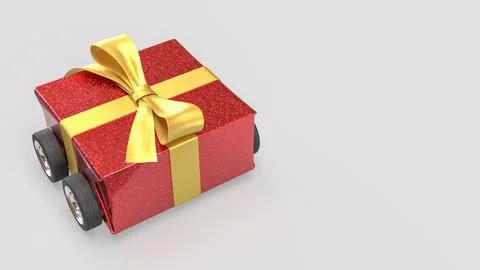 Festive Red Gift Box Car with Gold Ribbon on White Background 3d render. Stock Illustration