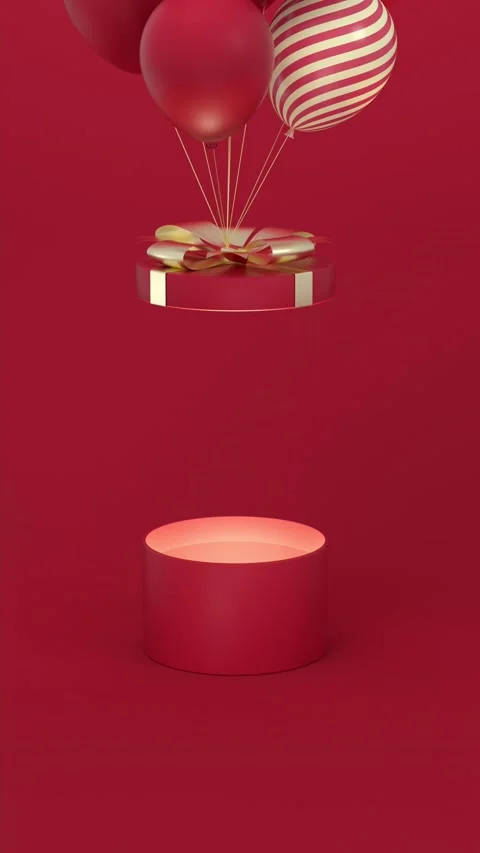 Festive red gift box opening with balloons floating upwards, surprise celeb.. Stock Footage 332148689