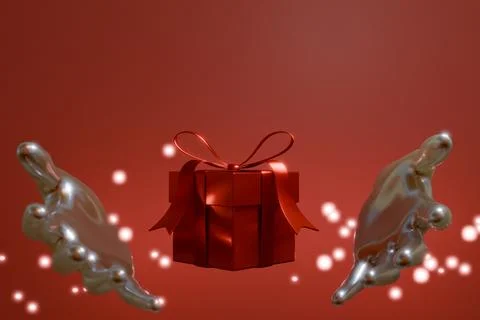 A festive red gift box surrounded by sparkling lights and hands Illustrazione stock