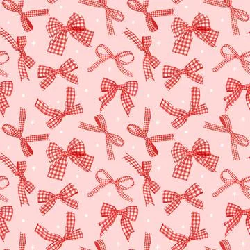 Festive red Gingham Ribbon Bow Seamless Pattern Repeating Background Coquet.. イラスト素材