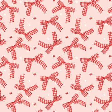 Festive Red Gingham Ribbon Bow Seamless Pattern Repeating Isolated on Backg.. Illustrazione stock