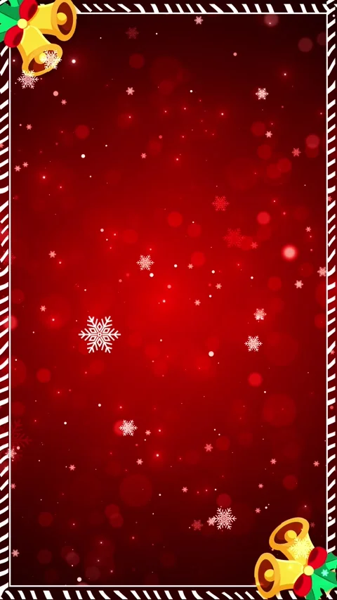 Festive red holiday border bells, falling snow, bokeh, decorative Christmas fram Stock Footage 340400083