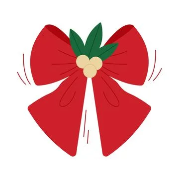 Festive red ribbon bow with mistletoe leaves and white berries Stock Illustration