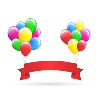 Festive red ribbon hangs on inflatable bright air balls isolated Stock Illustration