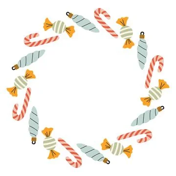 A festive round frame with candy canes, sweets and decor. The simple vector Stock Illustration