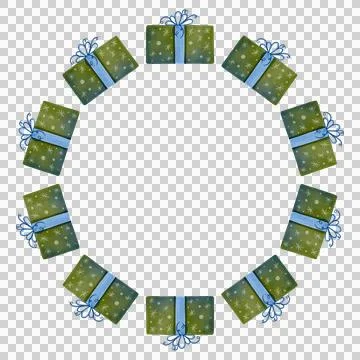 Festive round frame with gift boxes. Watercolor illustration Stock Illustration