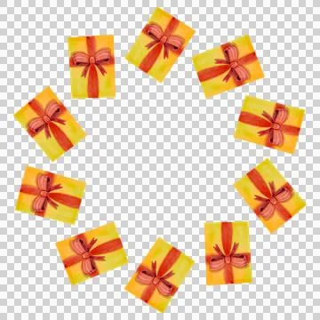 Festive round frame with gift boxes. Watercolor illustration Stock Illustration