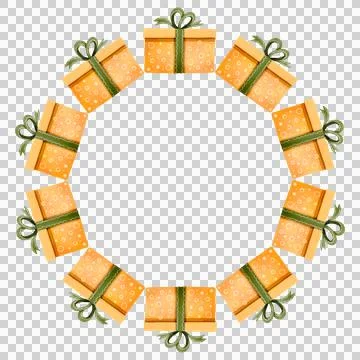 Festive round frame with gift boxes. Watercolor illustration Stock Illustration