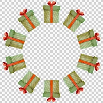 Festive round frame with gift boxes. Watercolor illustration Stock Illustration