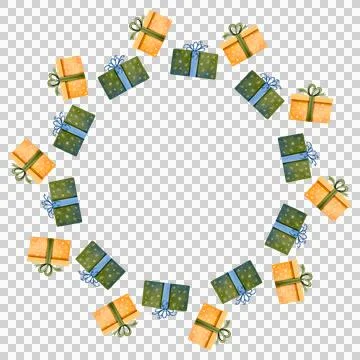 Festive round frame with gift boxes. Watercolor illustration Stock Illustration