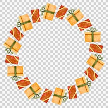 Festive round frame with gift boxes. Watercolor illustration Stock Illustration