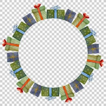 Festive round frame with gift boxes. Watercolor illustration Stock Illustration