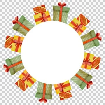 Festive round frame with gift boxes. Watercolor illustration Stock Illustration