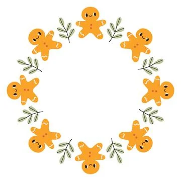 A festive round frame with gingerbread man cookie. The simple vector design Illustrazione stock
