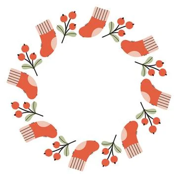 A festive round frame with red berries and red socks. The simple vector design Stock Illustration